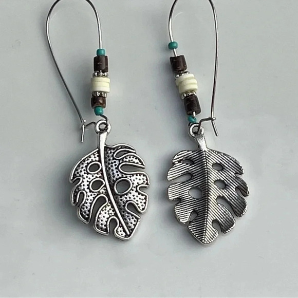 Beaded Boho Silver Leaf Earrings - Picture 3 of 3